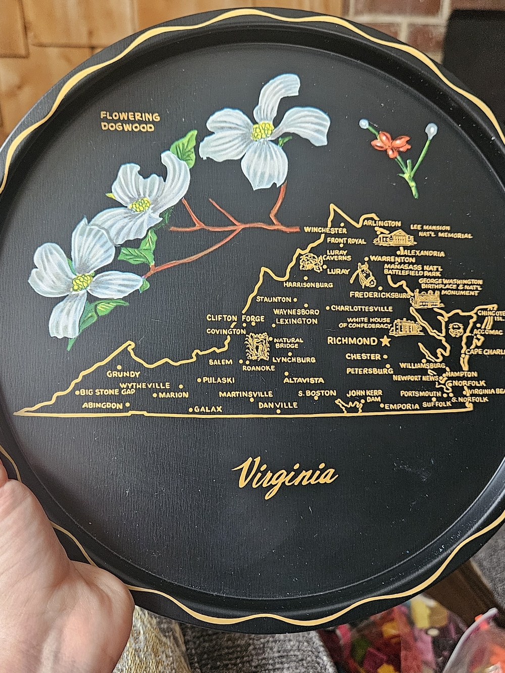 Vintage Virginia State Souvenir Metal Serving Tray Drink Black 1960s